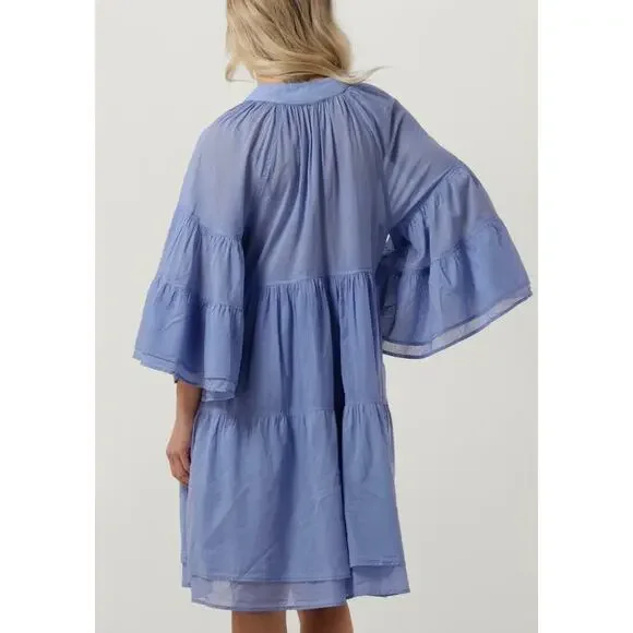 Nema Light blue flare beach 3/4 sleeve mini ruffle dress Small A004371 - Picture 2 of 11